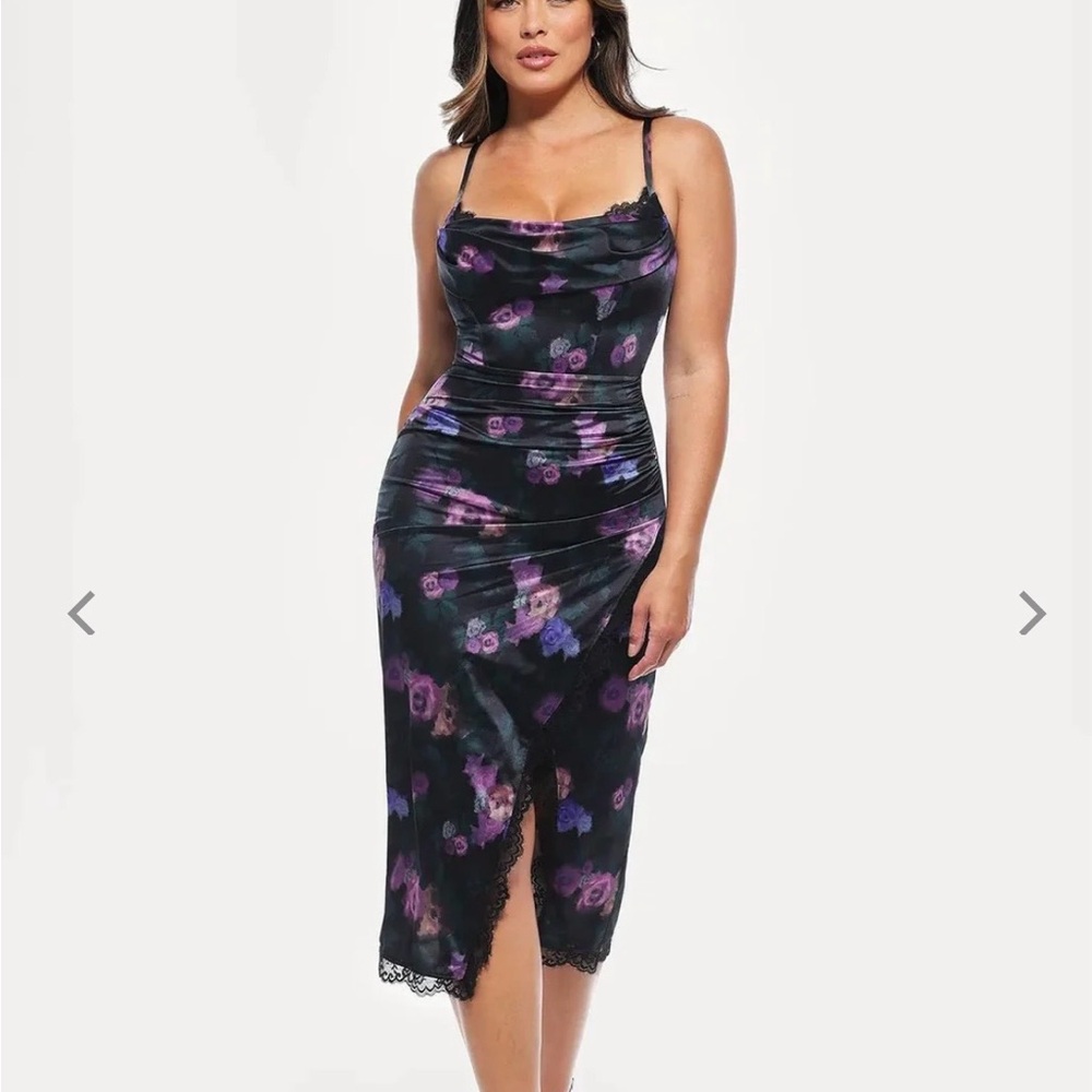 Lace Trim Sculpting Floral-Print Midi Dress